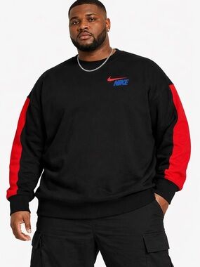 Nike Men's Black Crewneck Sweater with Red Sleeve Panels and Blue Logo 2X